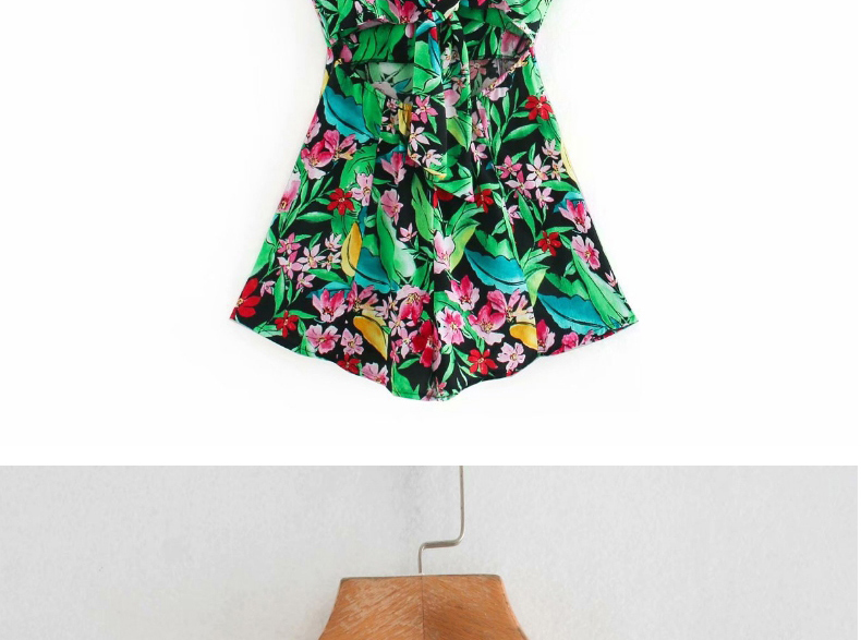 Fashion Green Flower Print Shoulder Strap Sling Jumpsuit,Tank Tops & Camis