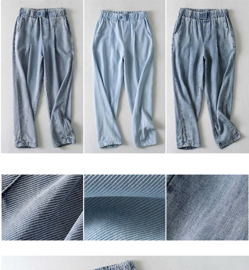 Fashion In Blue Denim Pants With Washed Elasticated Waist,Denim