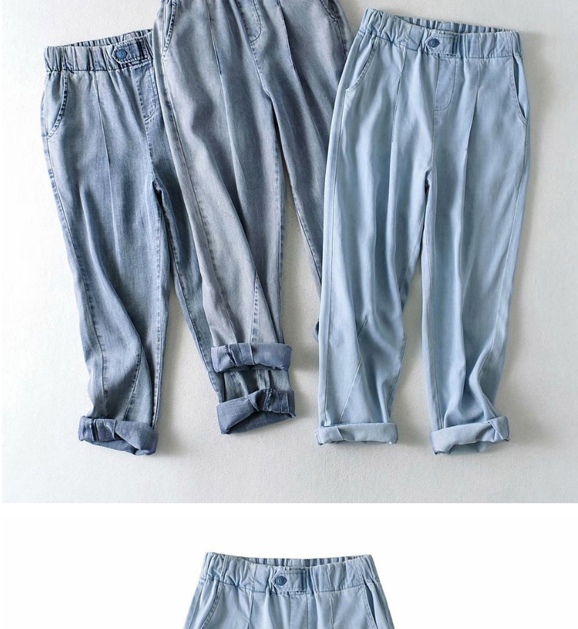 Fashion In Blue Denim Pants With Washed Elasticated Waist,Denim