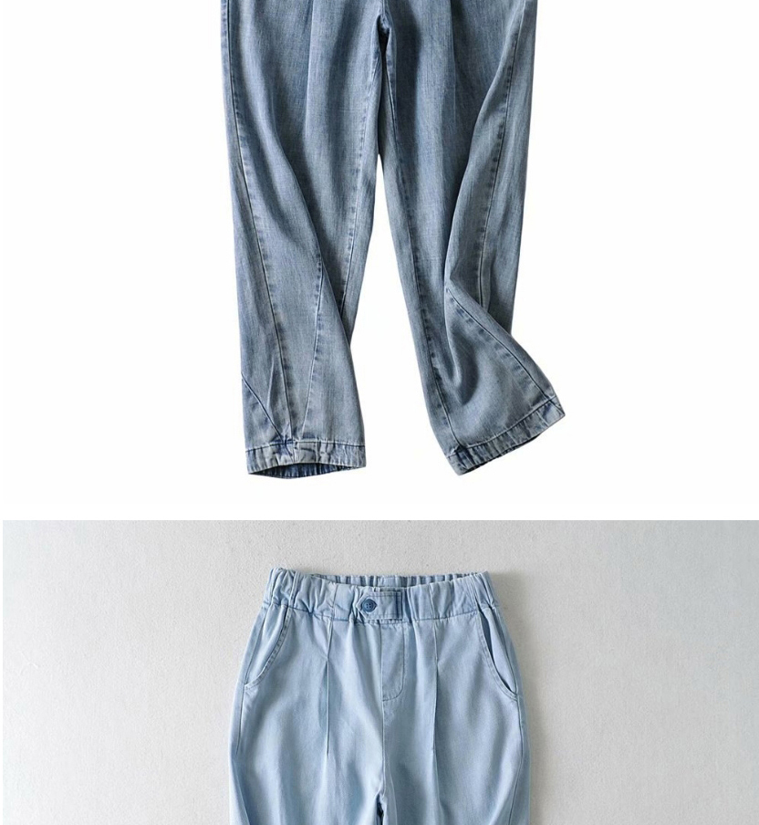 Fashion Middle Stone Blue Denim Pants With Washed Elasticated Waist,Denim