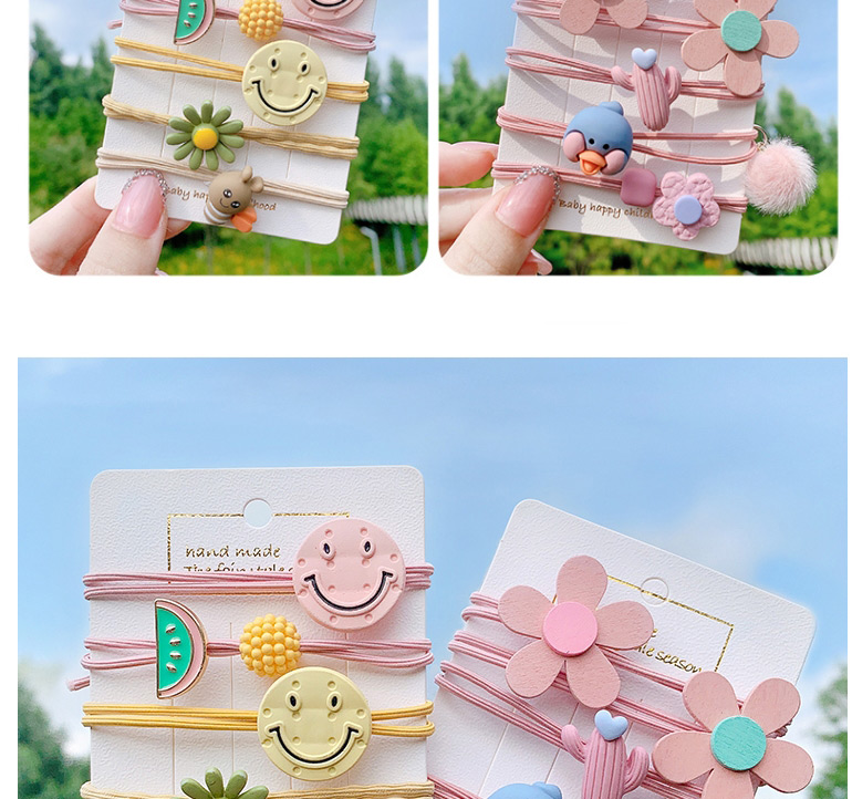 Fashion Pink Flowers (set Of 5) Resin Animal Smiley Face Flower Children Hair Rope Set,Kids Accessories