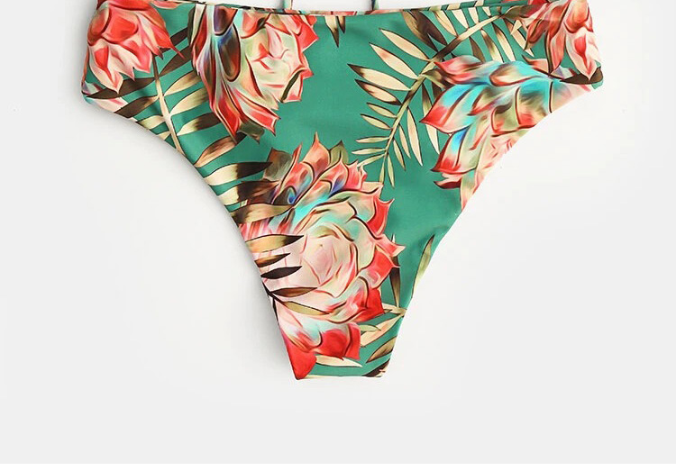 Fashion Green Leaf Print Tether Tube Top Split Swimsuit,Bikini Sets