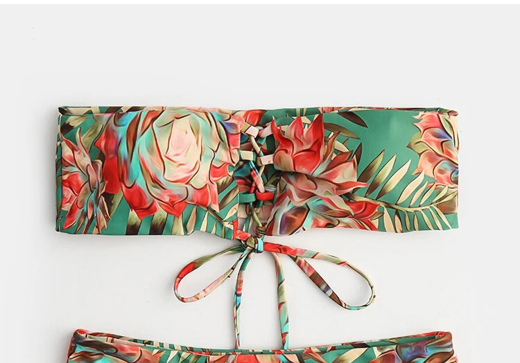 Fashion Green Leaf Print Tether Tube Top Split Swimsuit,Bikini Sets