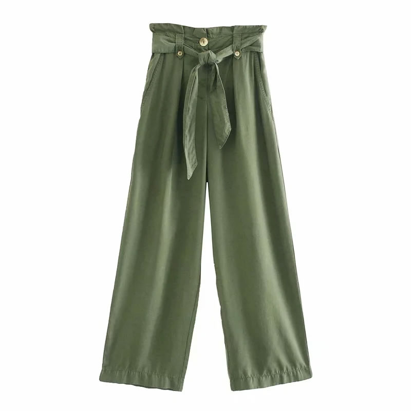 Fashion Army Green Lace-up Wide-leg Pants,Pants