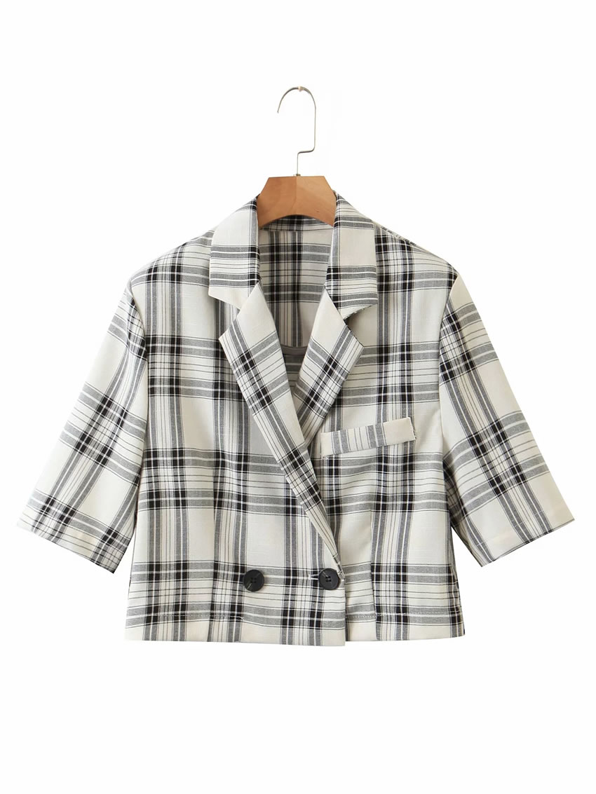 Fashion Lattice Checked Short Blazer,Coat-Jacket