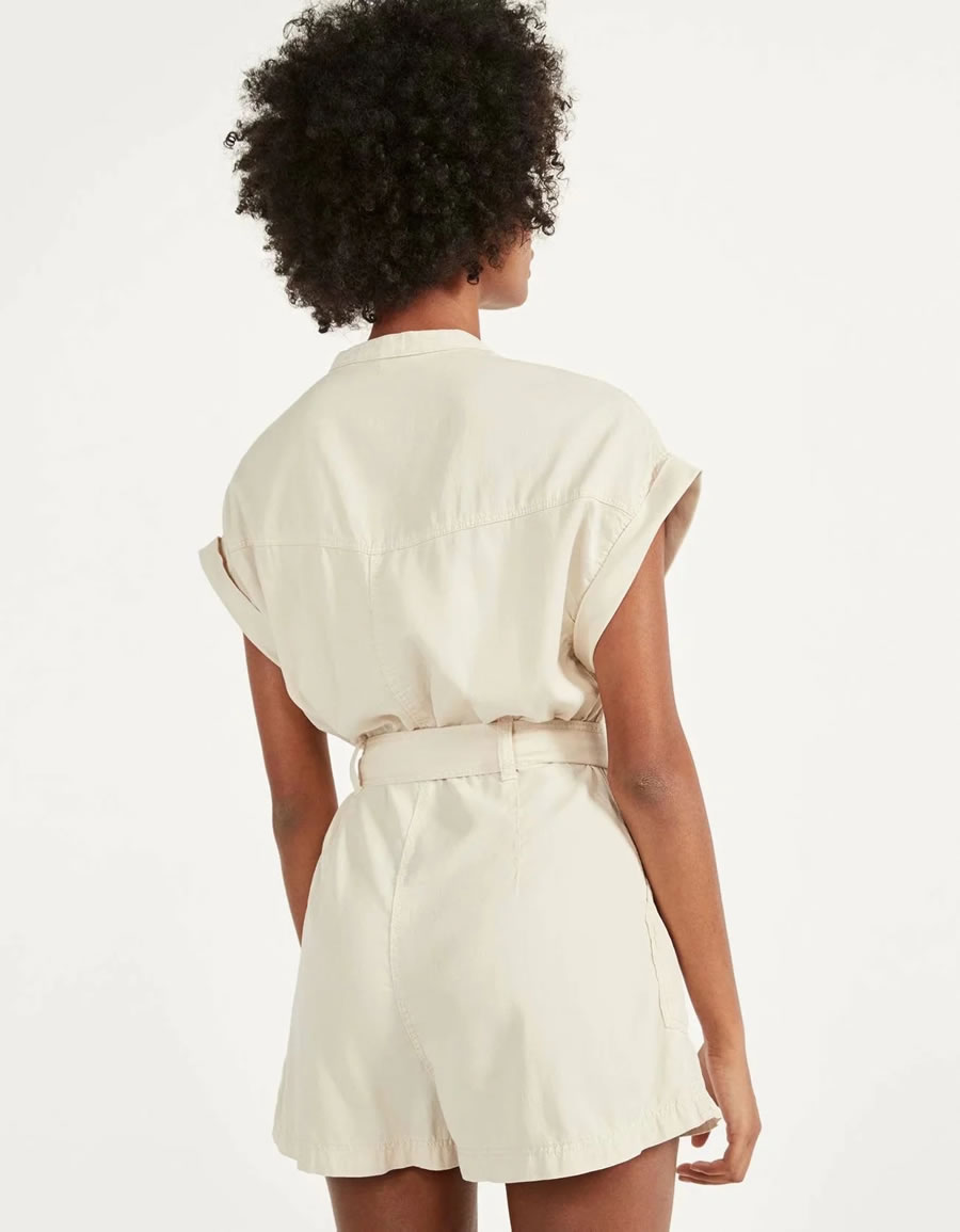 Fashion Creamy-white Single-breasted Jumpsuit With Belt,Shorts