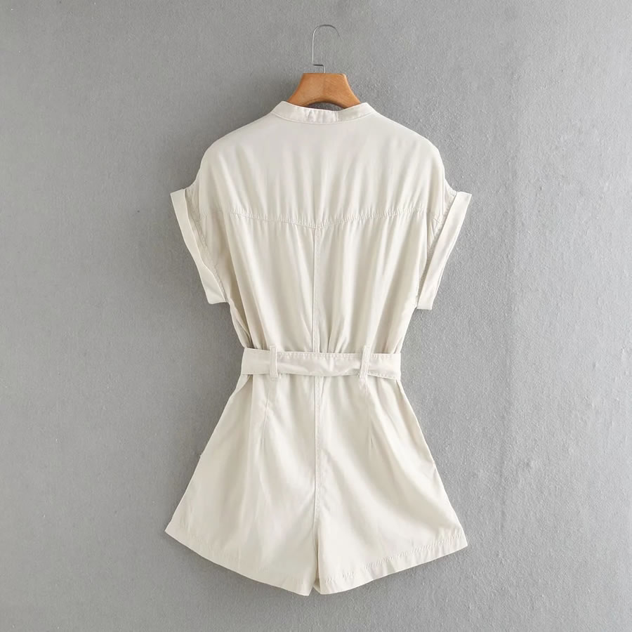 Fashion Creamy-white Single-breasted Jumpsuit With Belt,Shorts