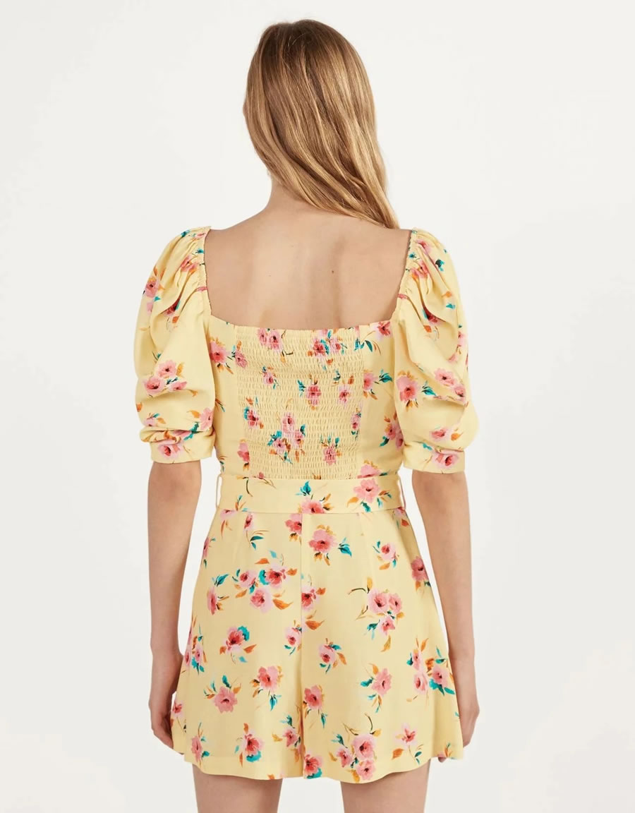 Fashion Yellow Flower Sleeve Jumpsuit With Puff Sleeves And Belt,Shorts