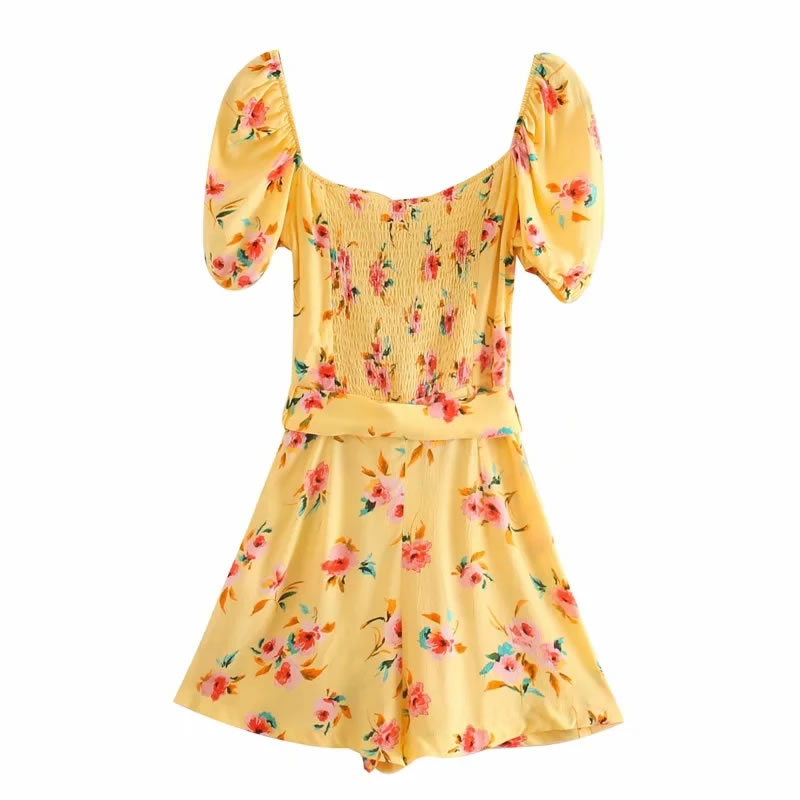 Fashion Yellow Flower Sleeve Jumpsuit With Puff Sleeves And Belt,Shorts