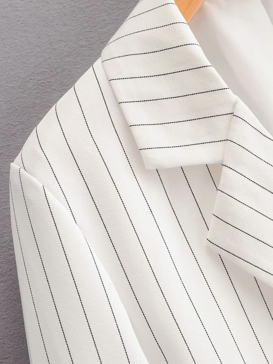 Fashion White Striped Printed Cuff Tethered Short Blazer,Coat-Jacket