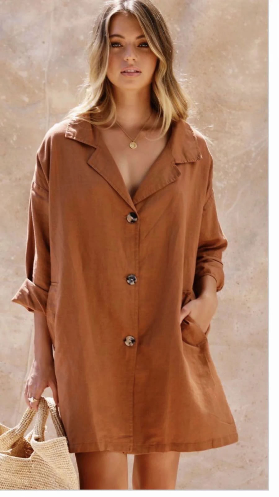 Fashion Camel Single-breasted Long Blazer,Coat-Jacket