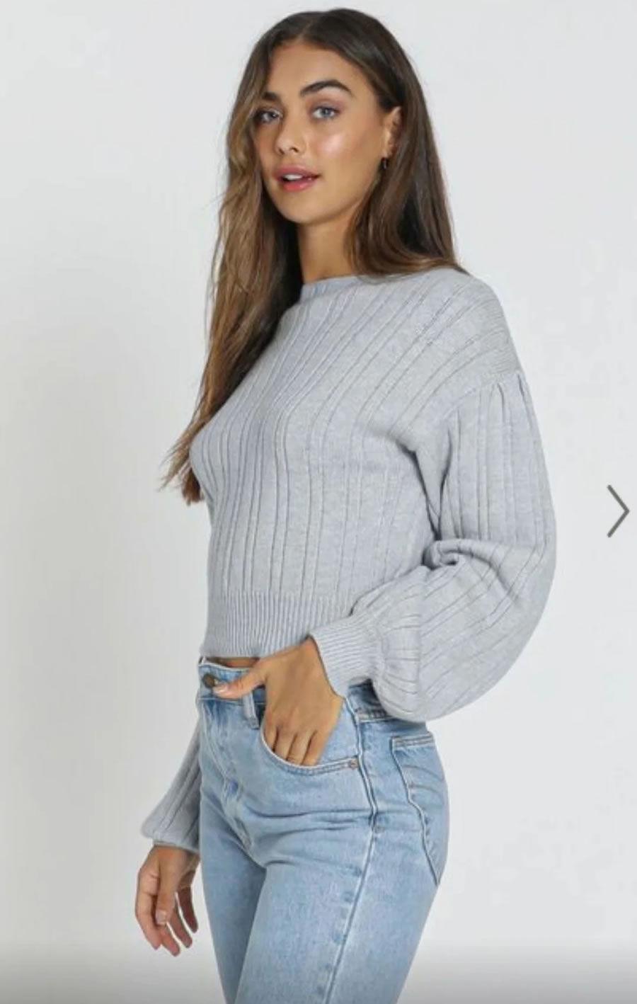 Fashion Gray Striped Knitted Crew Neck Lantern Sleeve Sweater,Sweater