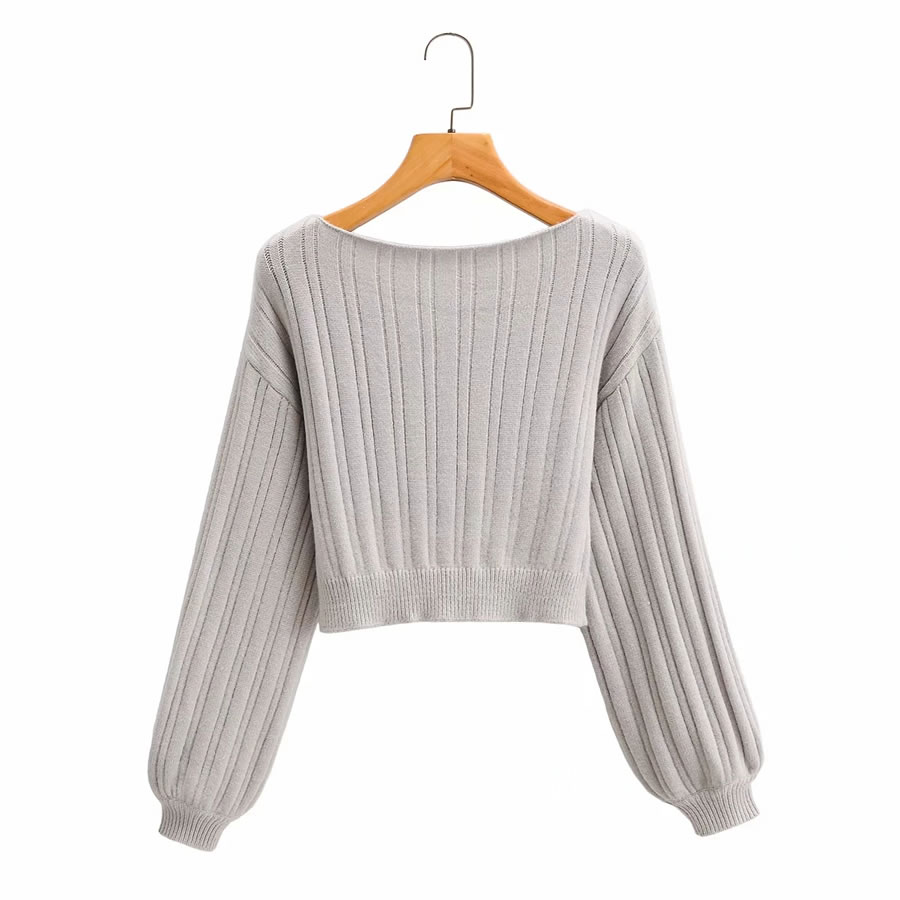 Fashion Gray Striped Knitted Crew Neck Lantern Sleeve Sweater,Sweater