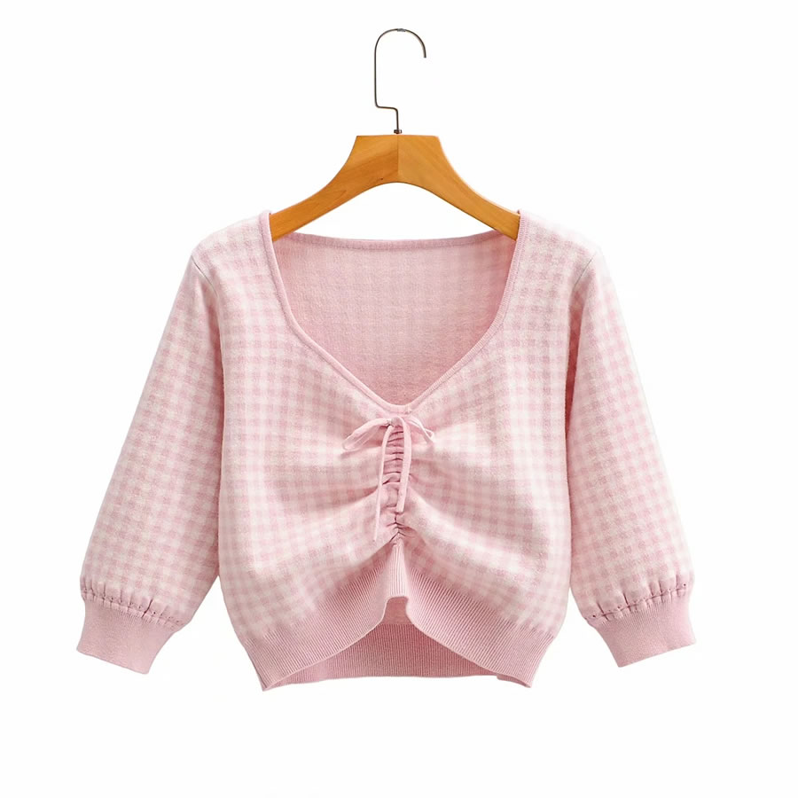 Fashion Pink Checked Drawstring V-neck Short Sweater,Sweater