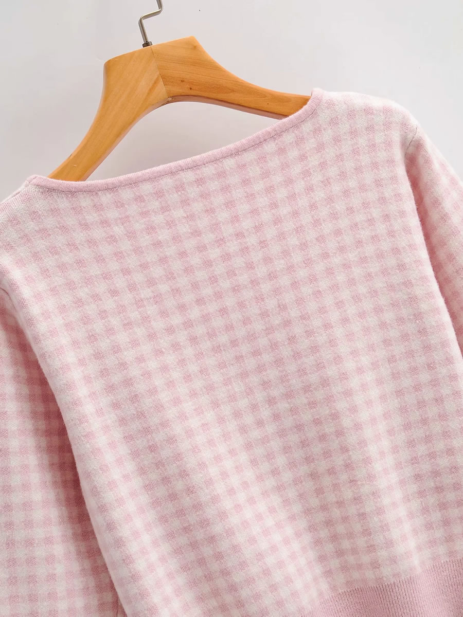 Fashion Pink Checked Drawstring V-neck Short Sweater,Sweater
