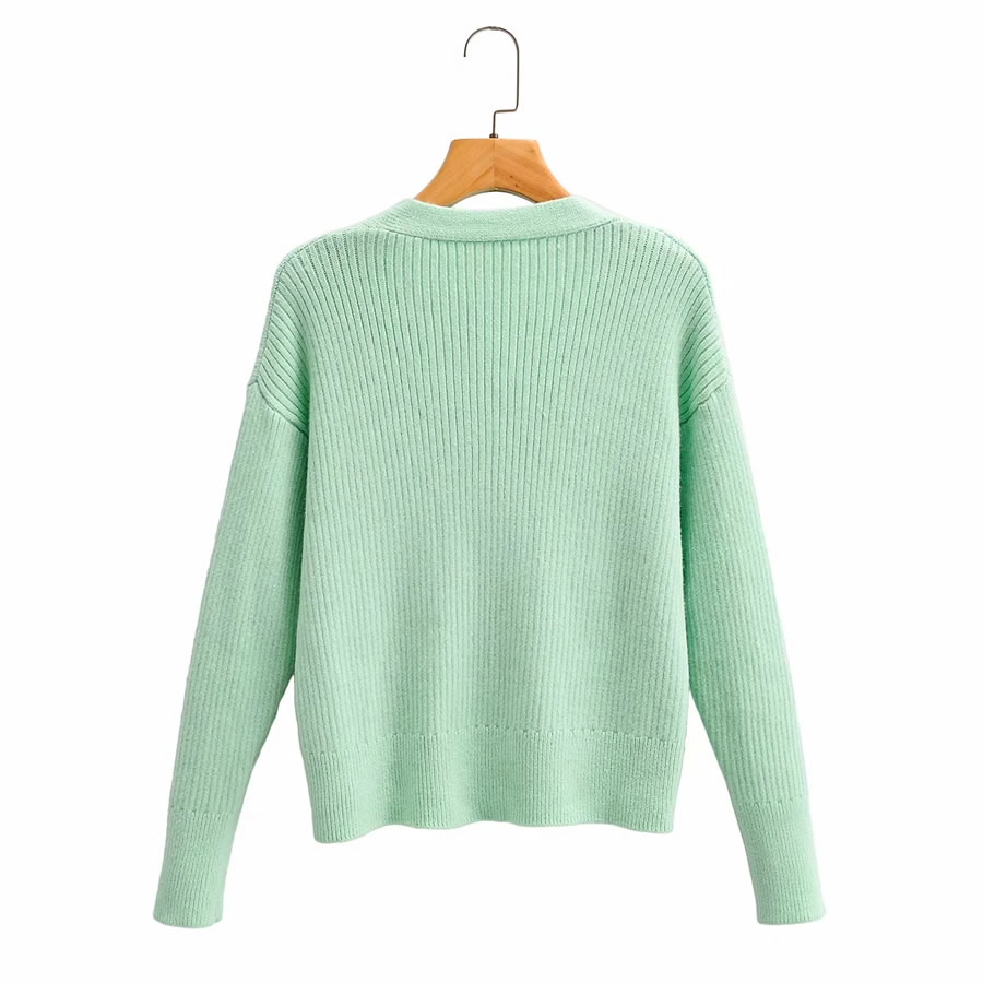 Fashion Green Single-breasted Deep V-neck Knitted Sweater,Sweater