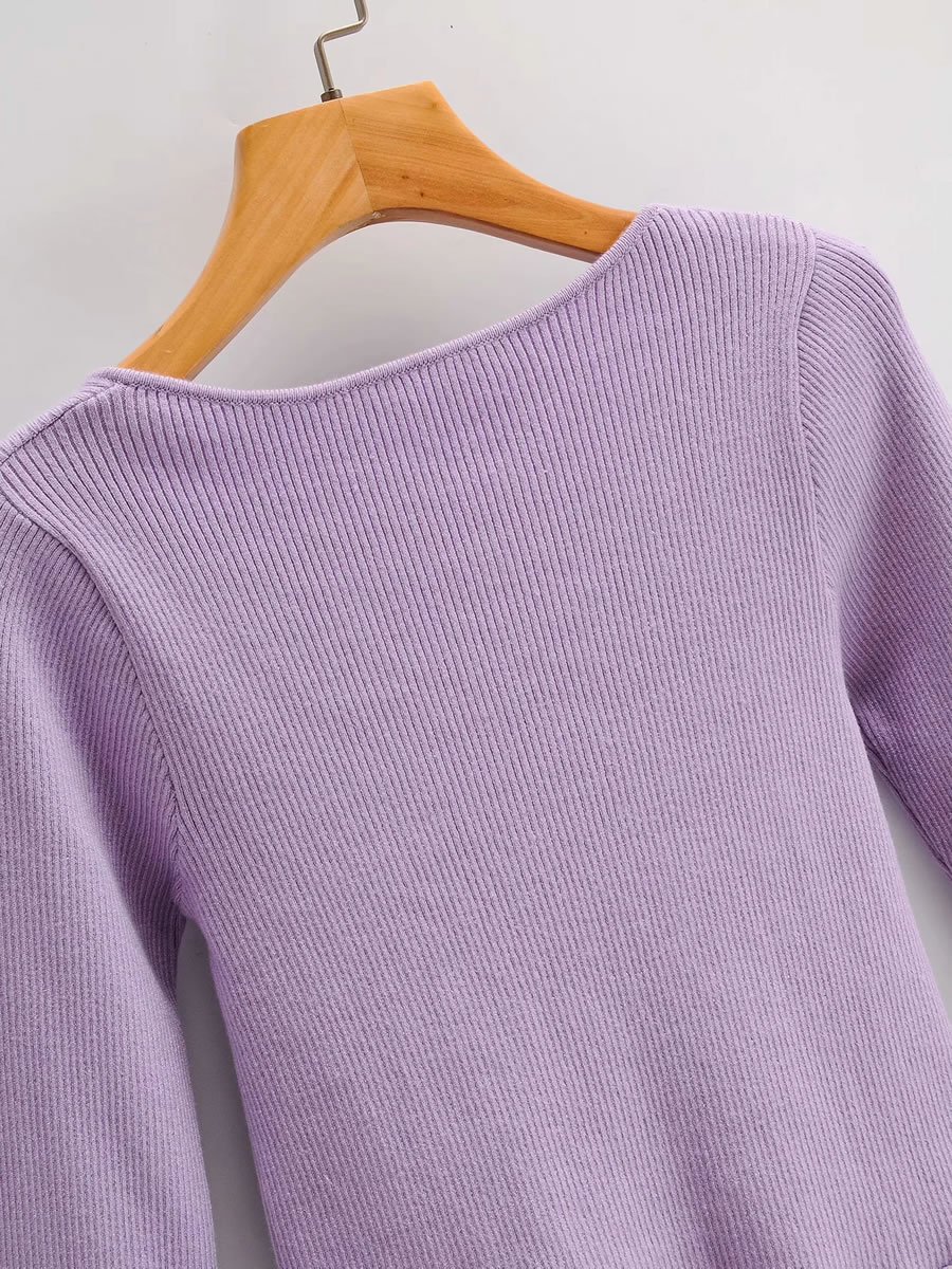 Fashion Purple Single-breasted Round-neck Slim-fit Knitted Sweater,Sweater
