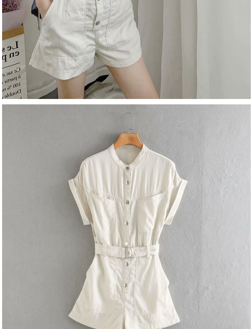 Fashion White Single-breasted Belted Jumpsuit,Shorts