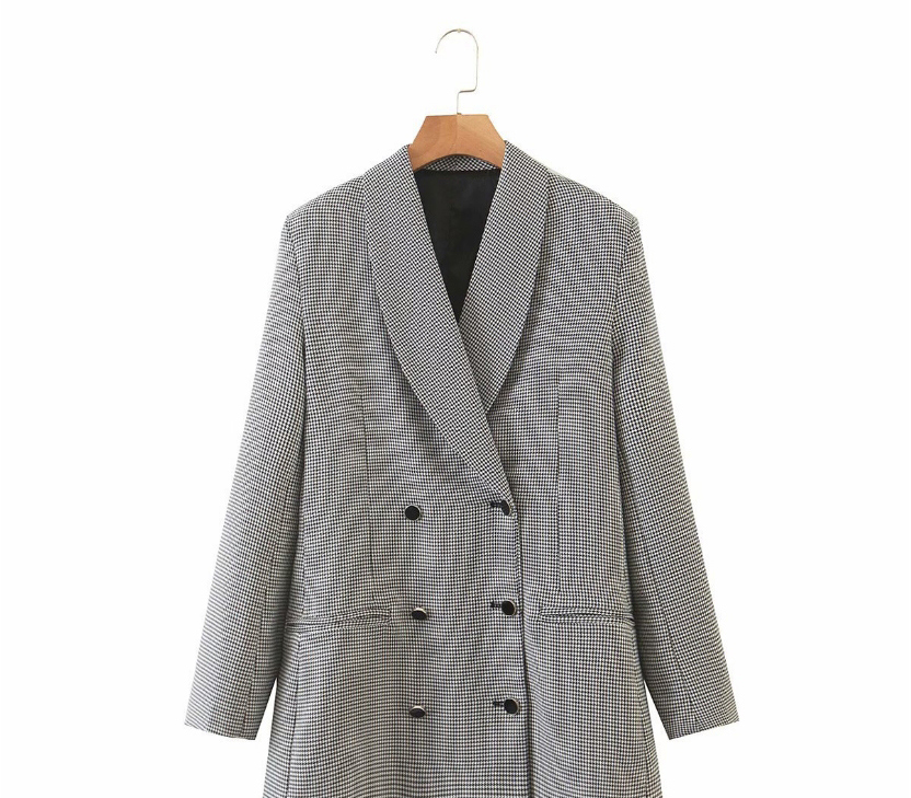 Fashion Gray Houndstooth Longer Single-breasted Blazer,Coat-Jacket