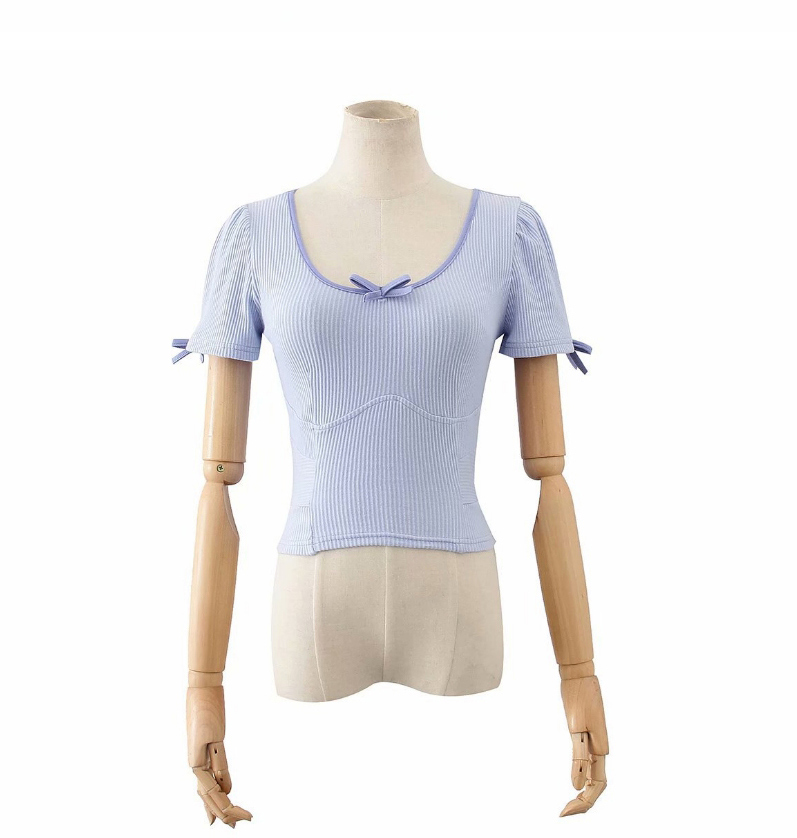 Fashion Blue Bow-knit Slim-fit U-neck Short-sleeved T-shirt,Tank Tops & Camis
