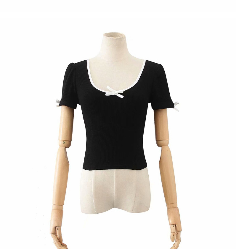 Fashion Pink Bow-knit Slim-fit U-neck Short-sleeved T-shirt,Tank Tops & Camis
