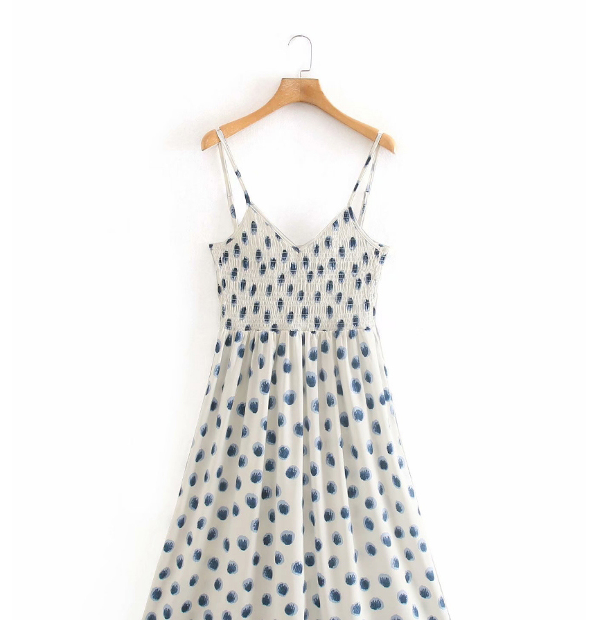Fashion Blue V-neck Print Camisole Dress,Mini & Short Dresses