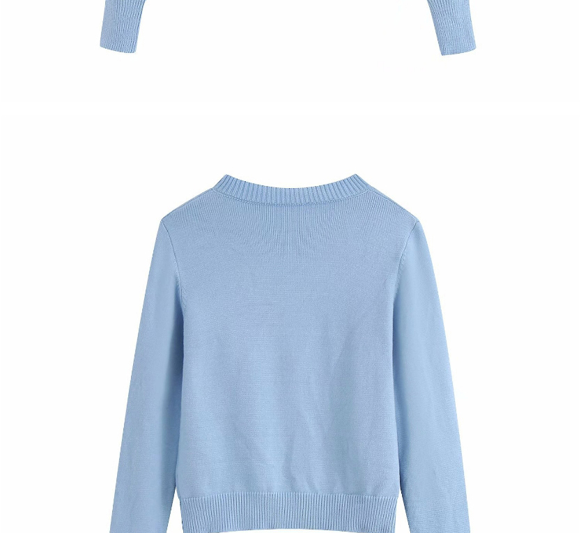 Fashion Blue V-neck Embroidered Single-breasted Sweater Sweater,Sweater