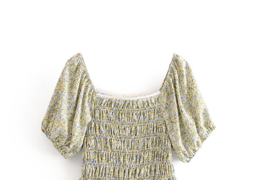 Fashion Blue And Yellow Flowers Floral Print Square Collar One-shoulder Ruffled Shirt,Tank Tops & Camis