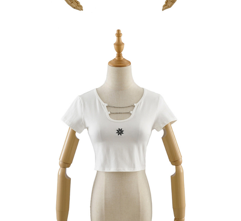 Fashion White Chain T-shirt With Geometric Embroidery,Tank Tops & Camis