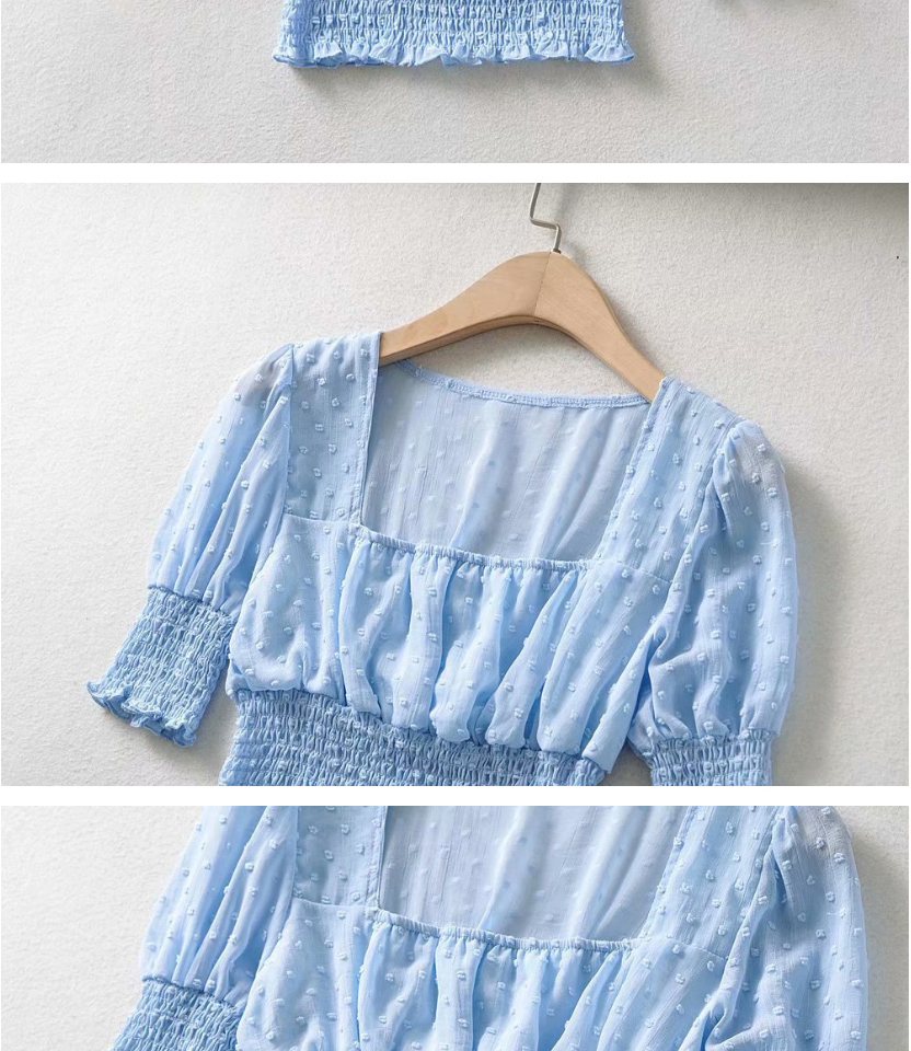 Fashion Blue Short-sleeved Shirt With Elastic Square Collar And Polka Dots,Tank Tops & Camis