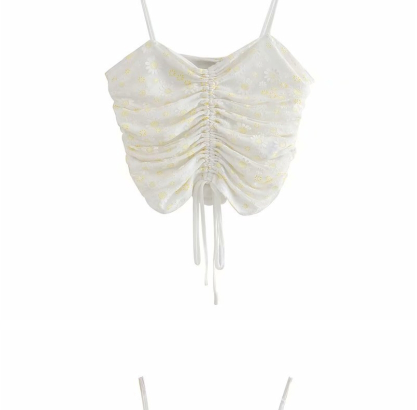 Fashion White Daisy Printed Pleated Camisole,Tank Tops & Camis