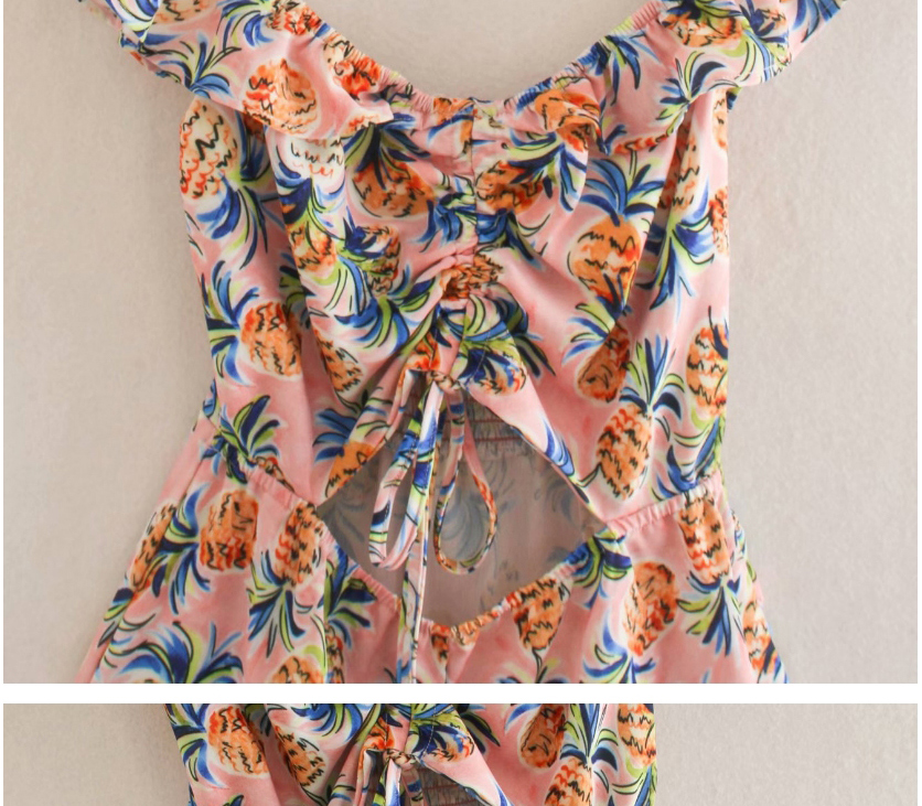 Fashion Pink Pineapple Printed V-neck Drawstring Jumpsuit,Bodysuits