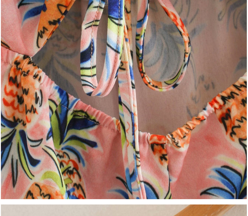 Fashion Pink Pineapple Printed V-neck Drawstring Jumpsuit,Bodysuits