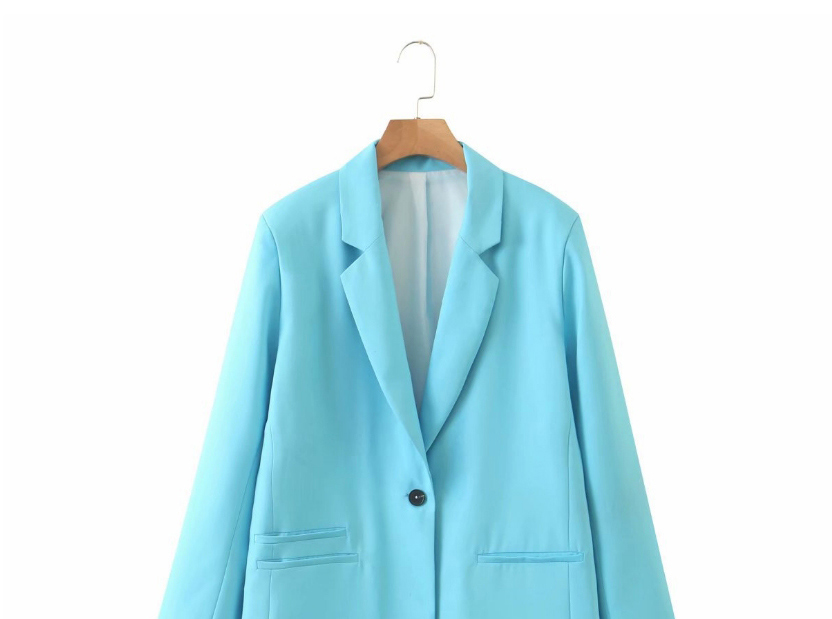 Fashion Lake Blue One Button Long Sleeve Solid Color Blazer,Coat-Jacket