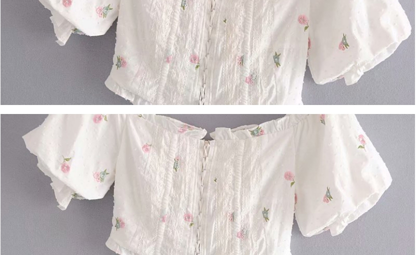 Fashion White Zip-up Printed Shirt With Bubble Sleeve Lace Tether,Tank Tops & Camis