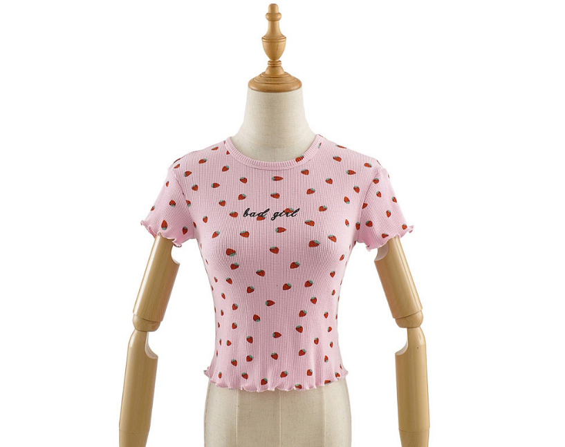 Fashion Pink Strawberry Cherry Round Neck Pullover T-shirt,Tank Tops & Camis