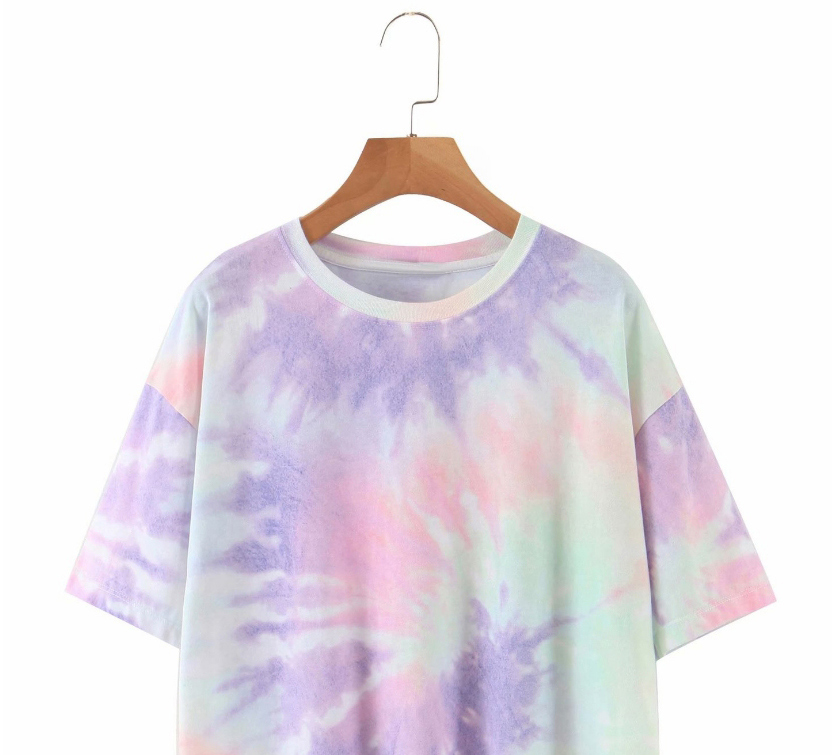 Fashion Color Mixing Multicolor Tie-dye Round Neck Pullover T-shirt,Tank Tops & Camis