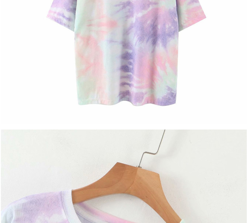 Fashion Color Mixing Multicolor Tie-dye Round Neck Pullover T-shirt,Tank Tops & Camis