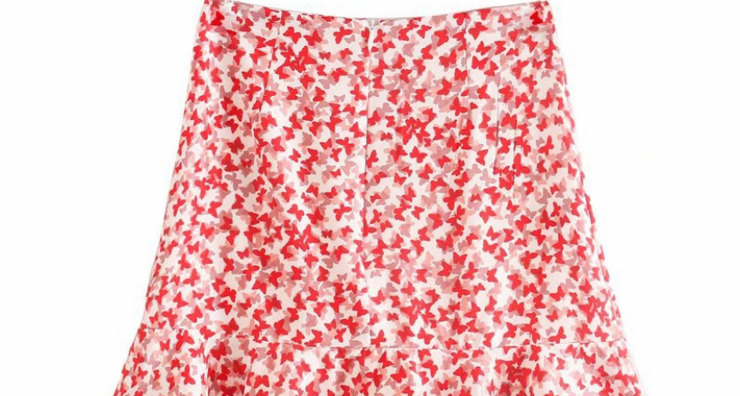 Fashion Red Floral Print Lotus Leaf Skirt,Skirts