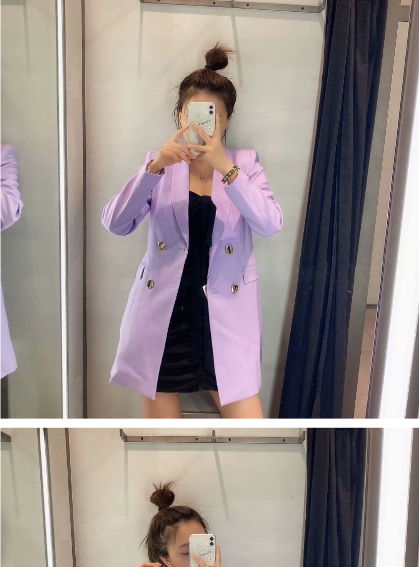 Fashion Purple Double-breasted Blazer With Flap Pockets,Coat-Jacket