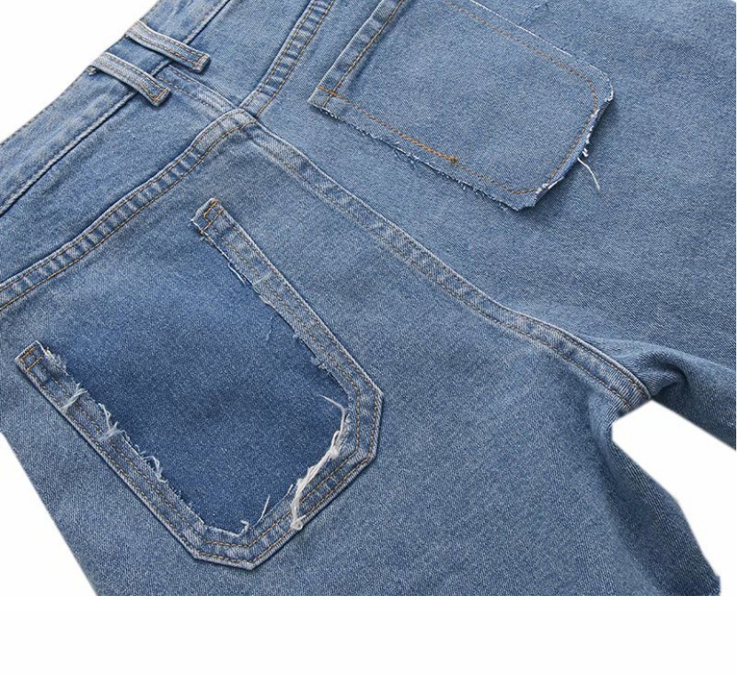 Fashion Denim Blue Asymmetric Split Stitching Denim Shorts,Denim