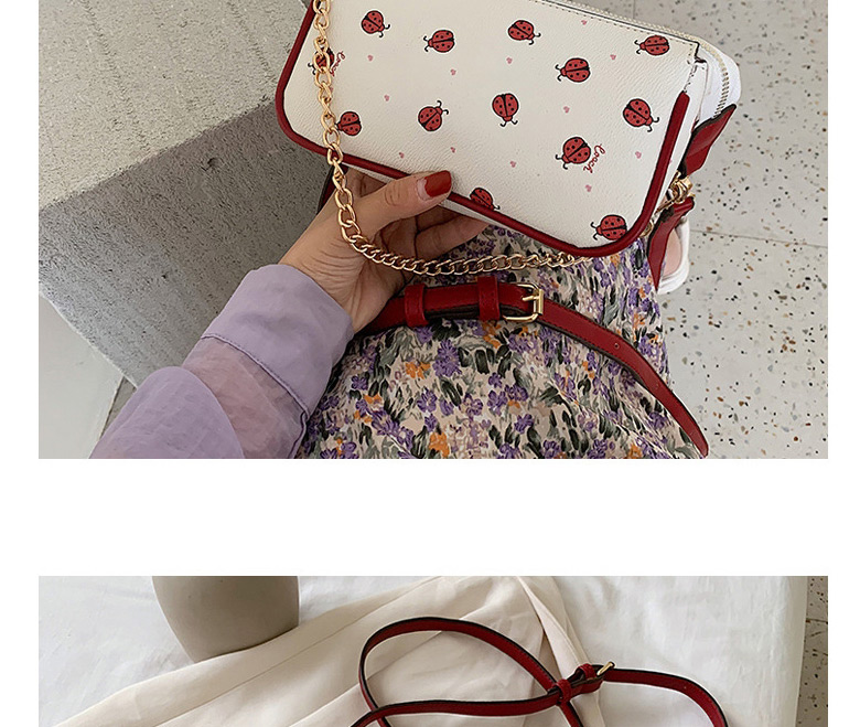Fashion White Small Strawberry Ladybug Print Chain Shoulder Crossbody Bag,Shoulder bags