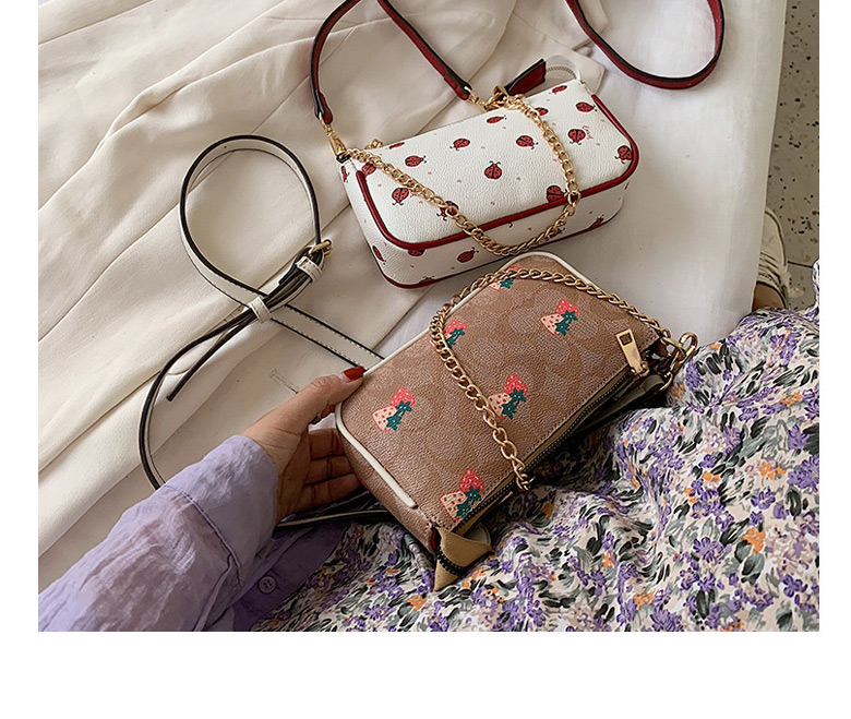 Fashion Light Brown Small Strawberry Ladybug Print Chain Shoulder Crossbody Bag,Shoulder bags