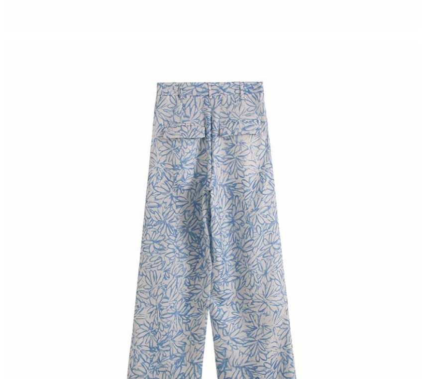 Fashion Blue Floral-print Cotton And Linen Wide-leg Trousers,Pants