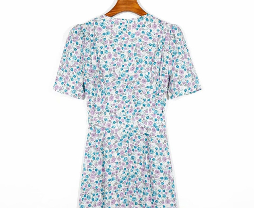 Fashion Blue Flower-printed V-neck Single-breasted Lace Dress,Long Dress
