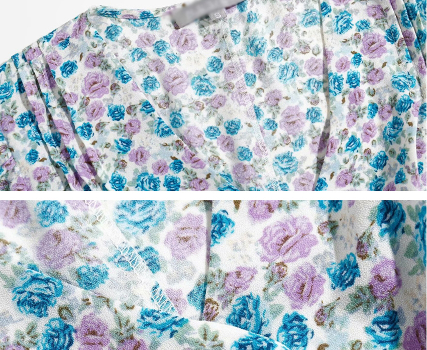 Fashion Blue Flower-printed V-neck Single-breasted Lace Dress,Long Dress