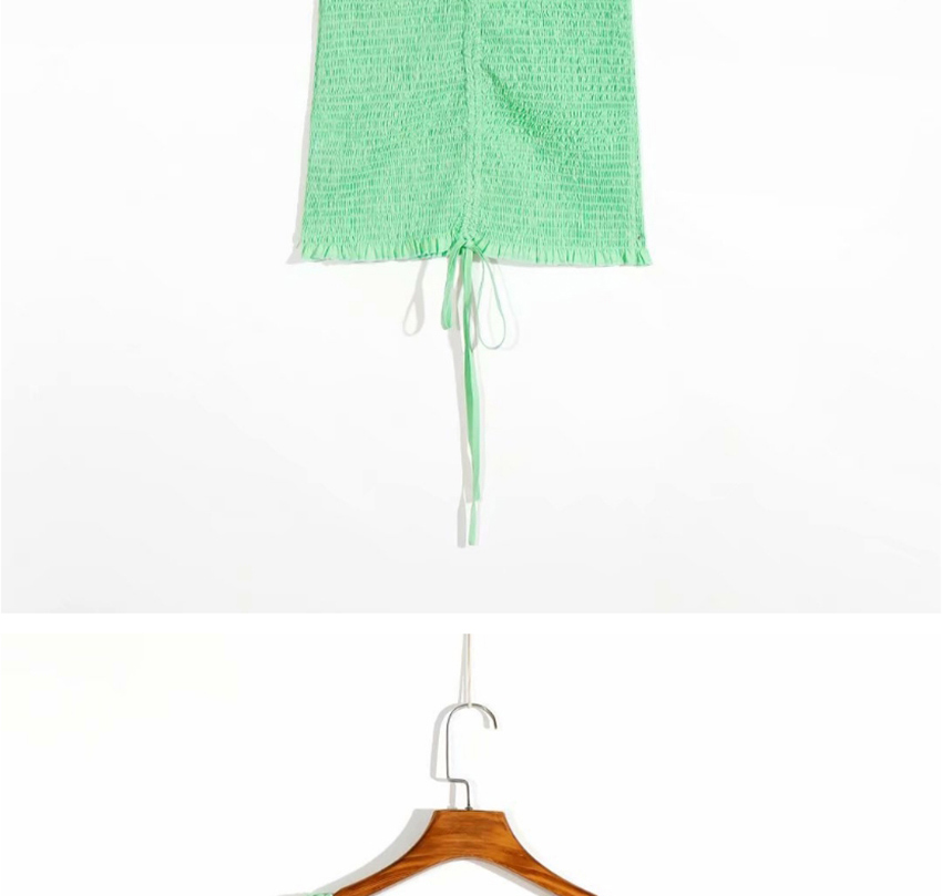 Fashion Green Pleated V-neck Bubble Sleeve Lace Dress,Mini & Short Dresses