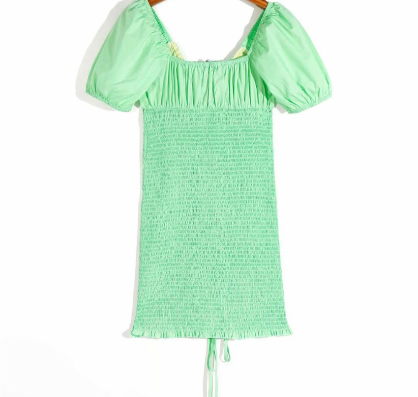 Fashion Green Pleated V-neck Bubble Sleeve Lace Dress,Mini & Short Dresses