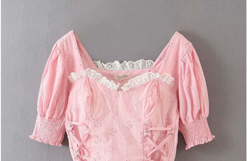 Fashion Pink Lace-up Puff Sleeve Stitching Contrast Color Fungus Shirt,Tank Tops & Camis