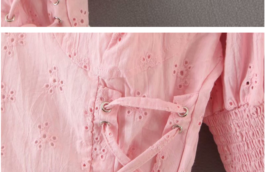 Fashion Pink Lace-up Puff Sleeve Stitching Contrast Color Fungus Shirt,Tank Tops & Camis